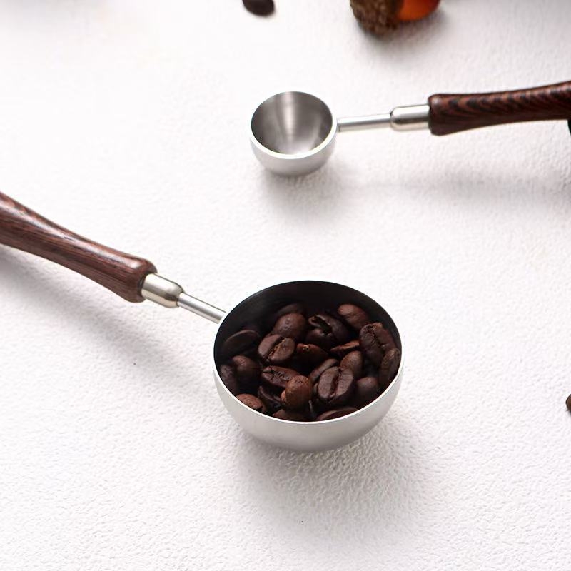 Lingură de măsurare din oțel inoxidabil 304, mâner din lemn în formă de aripă de pui, pentru coacere, boabe de cafea, lapte praf și condimente, cu scară în grame