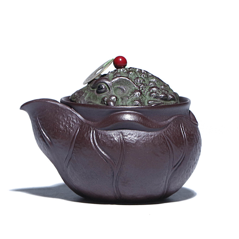 Ceainic Yixing din lut mov, semi-manual, cu motiv broască aurie, separator de ceai în formă de lotus, cupă Gongdao, set de filtre pentru ceai, 160 ml