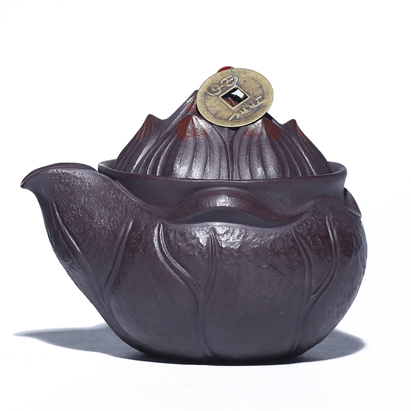 Ceainic Yixing din lut mov, semi-manual, cu motiv broască aurie, separator de ceai în formă de lotus, cupă Gongdao, set de filtre pentru ceai, 160 ml