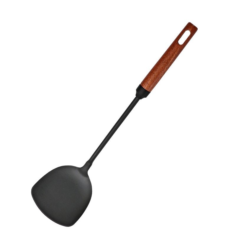 Spatulă pentru wok din fier și lingură cu găuri, mâner din lemn, set de ustensile de gătit