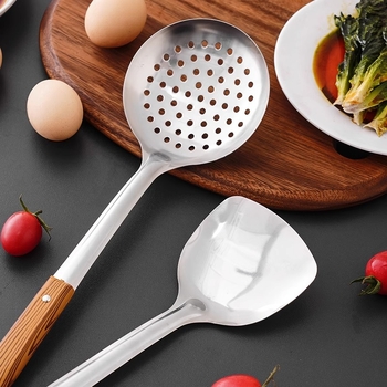 Spatulă din oțel inoxidabil cu mâner în model lemn, lingură cu găuri și lingură de supă – ustensile bucătărie 34H