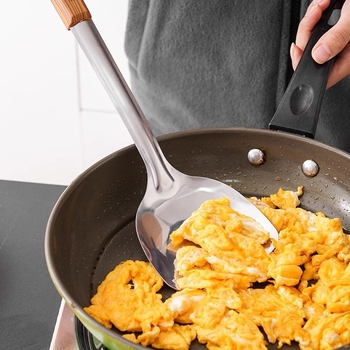 Spatulă din oțel inoxidabil cu mâner în model lemn, lingură cu găuri și lingură de supă – ustensile bucătărie 34H