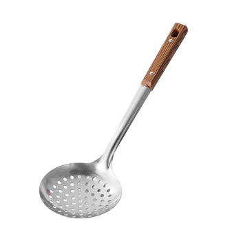 Spatulă din oțel inoxidabil cu mâner în model lemn, lingură cu găuri și lingură de supă – ustensile bucătărie 34H