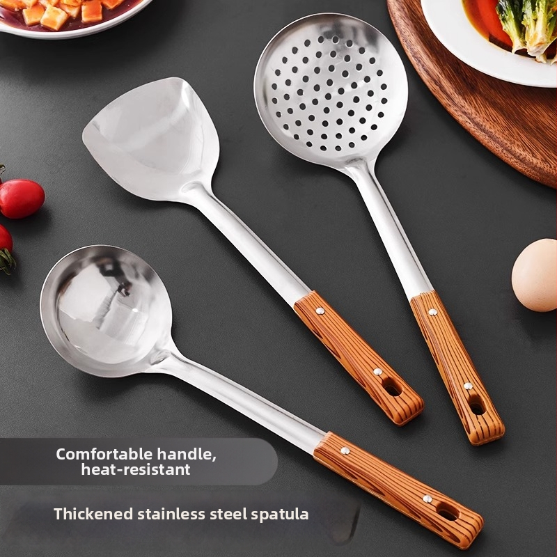 Spatulă din oțel inoxidabil cu mâner în model lemn, lingură cu găuri și lingură de supă – ustensile bucătărie 34H