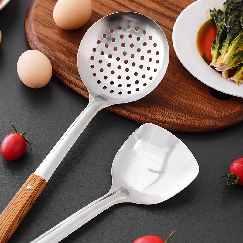 Spatulă din oțel inoxidabil cu mâner în model lemn, lingură cu găuri și lingură de supă – ustensile bucătărie 34H