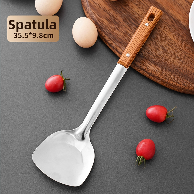 Spatulă din oțel inoxidabil cu mâner în model lemn, lingură cu găuri și lingură de supă – ustensile bucătărie 34H