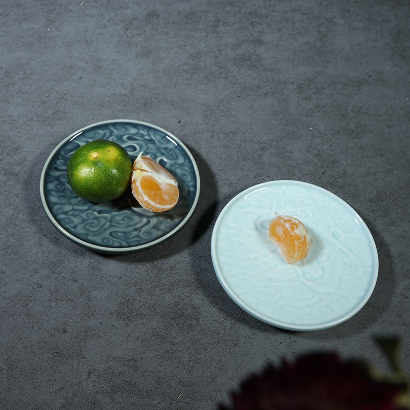 Set ceramic pentru ceremonia ceaiului, cu motiv sculptat în formă de pasăre, suport mic pentru ceainic, farfurie pentru fructe uscate și farfurie pentru gustări