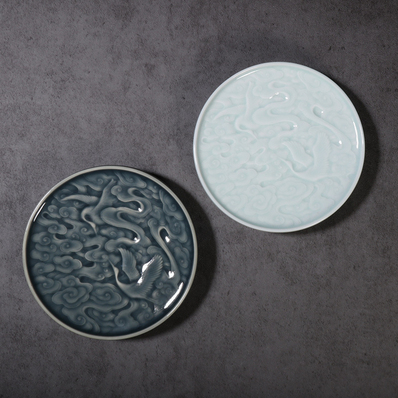 Set ceramic pentru ceremonia ceaiului, cu motiv sculptat în formă de pasăre, suport mic pentru ceainic, farfurie pentru fructe uscate și farfurie pentru gustări