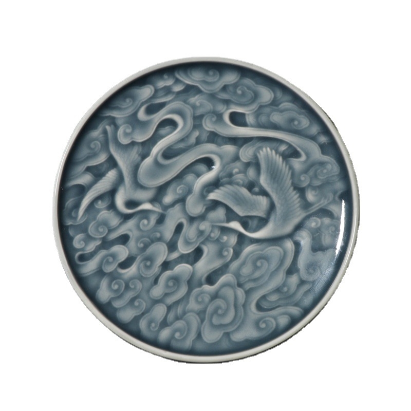 Set ceramic pentru ceremonia ceaiului, cu motiv sculptat în formă de pasăre, suport mic pentru ceainic, farfurie pentru fructe uscate și farfurie pentru gustări