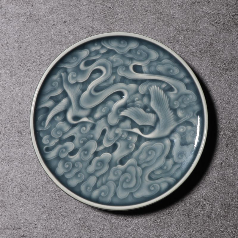 Set ceramic pentru ceremonia ceaiului, cu motiv sculptat în formă de pasăre, suport mic pentru ceainic, farfurie pentru fructe uscate și farfurie pentru gustări