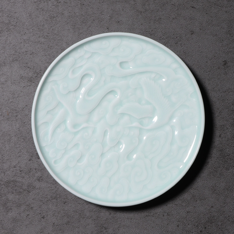 Set ceramic pentru ceremonia ceaiului, cu motiv sculptat în formă de pasăre, suport mic pentru ceainic, farfurie pentru fructe uscate și farfurie pentru gustări