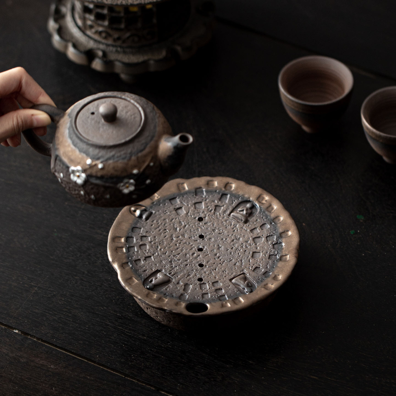 Suport ceramic circular pentru ceainic, stil Dunhuang Zen, set ceai cu tavă pentru stocare apă și drenaj