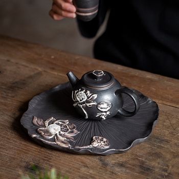 Tavă de ceai ceramică mică, în formă de frunză de lotus, stil retro, suport pentru ceainic, set Kung Fu de ceai, infuzare uscată