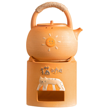 Set ceramic pentru ceai în stil cafenea de pisici, încălzire cu lumânare alcoolică, ceainic și ibric pentru lapte cu vas lateral