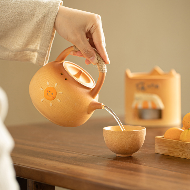 Set ceramic pentru ceai în stil cafenea de pisici, încălzire cu lumânare alcoolică, ceainic și ibric pentru lapte cu vas lateral