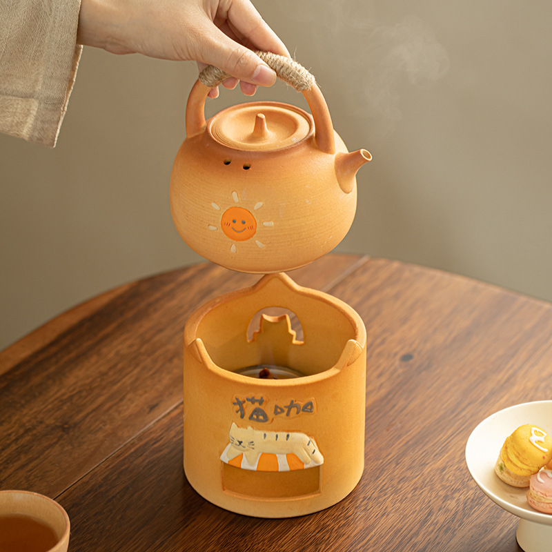Set ceramic pentru ceai în stil cafenea de pisici, încălzire cu lumânare alcoolică, ceainic și ibric pentru lapte cu vas lateral