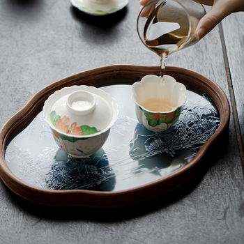 Yishu Tea Talk Peisaj Chinezesc — Suport din sticlă pentru ceainic și tavă de bambus în stil Wabi-Sabi, accesorii de ceai pentru casă cu spațiu de depozitare pentru fructe uscate