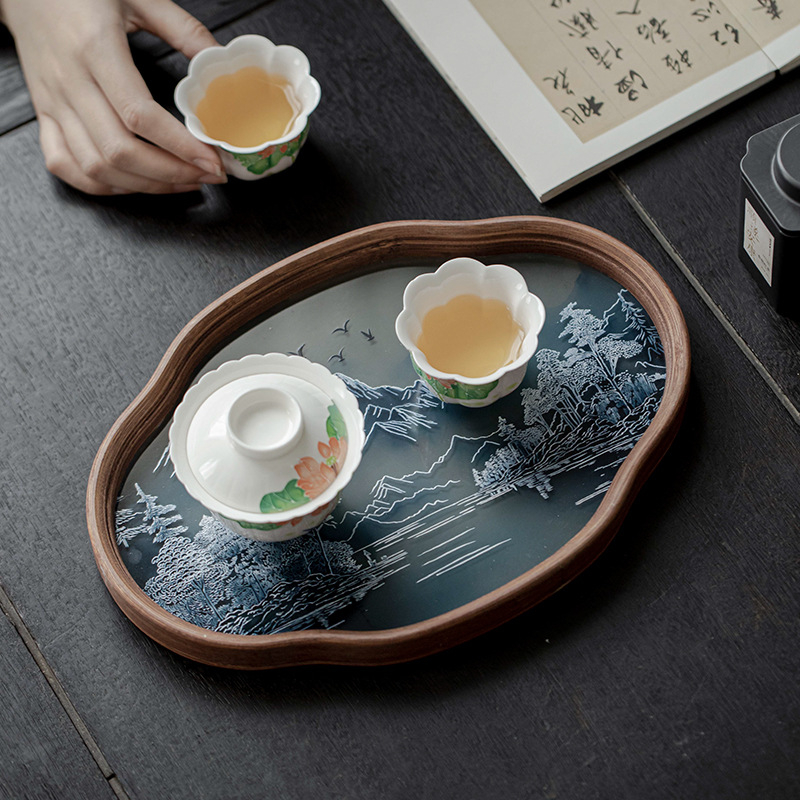 Yishu Tea Talk Peisaj Chinezesc — Suport din sticlă pentru ceainic și tavă de bambus în stil Wabi-Sabi, accesorii de ceai pentru casă cu spațiu de depozitare pentru fructe uscate