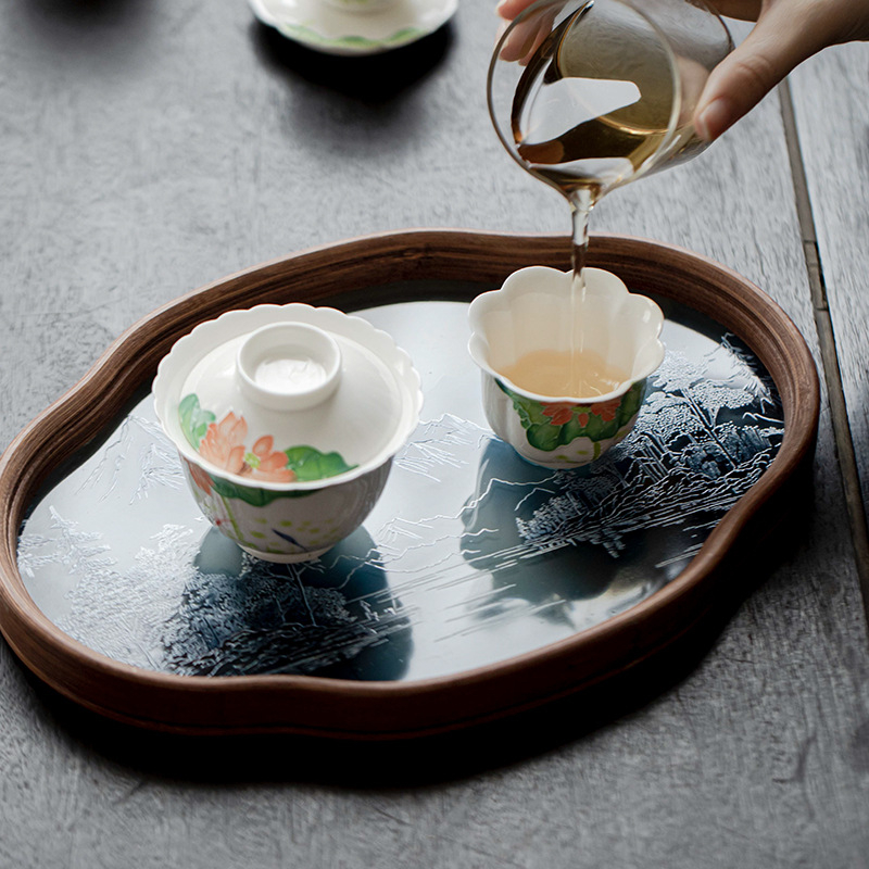 Yishu Tea Talk Peisaj Chinezesc — Suport din sticlă pentru ceainic și tavă de bambus în stil Wabi-Sabi, accesorii de ceai pentru casă cu spațiu de depozitare pentru fructe uscate