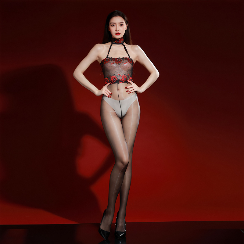 Čipkasti bodystocking s halterom i Aurora uzorkom, ultra-tanki, sjajni satenski, proziran, otvoreno intimno područje, seksi donje rublje