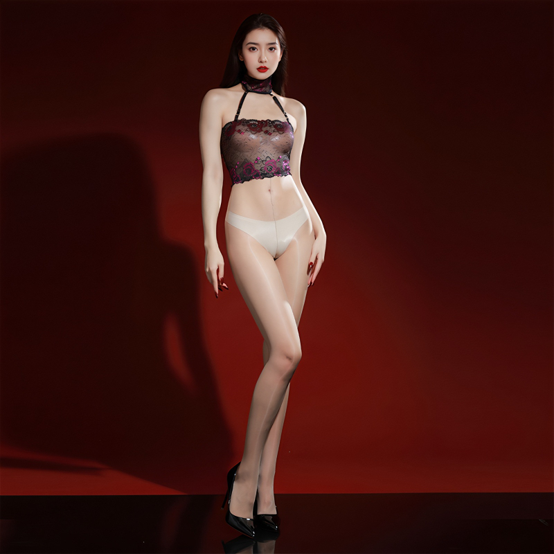 Čipkasti bodystocking s halterom i Aurora uzorkom, ultra-tanki, sjajni satenski, proziran, otvoreno intimno područje, seksi donje rublje