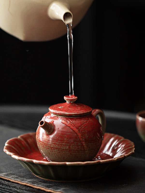 Lang Hong suport ceramic pentru ceainic, ceainic din lut mov, set Kung Fu pentru ceremonie de ceai cu farfurie de servire și covoraș izolator