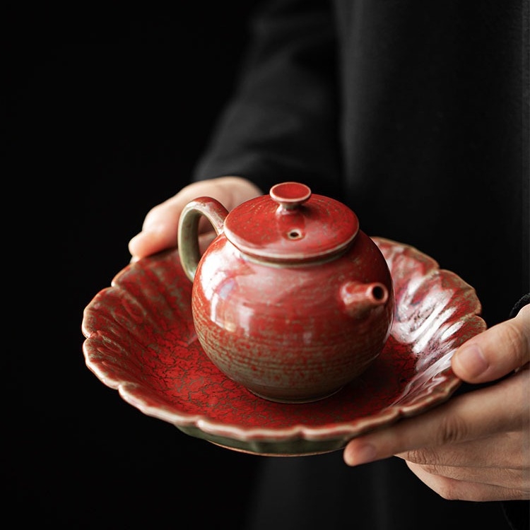Lang Hong suport ceramic pentru ceainic, ceainic din lut mov, set Kung Fu pentru ceremonie de ceai cu farfurie de servire și covoraș izolator