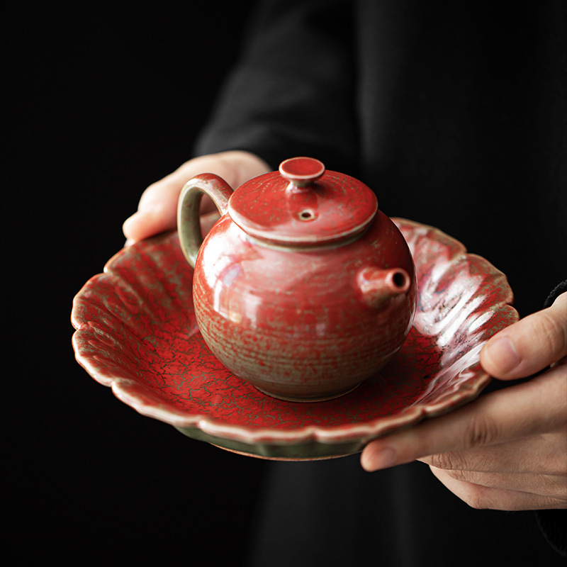 Lang Hong suport ceramic pentru ceainic, ceainic din lut mov, set Kung Fu pentru ceremonie de ceai cu farfurie de servire și covoraș izolator