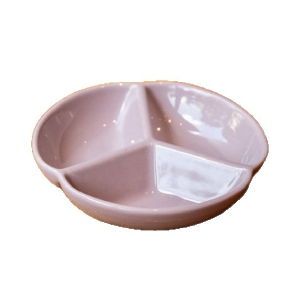 Farfurie ceramică creativă, mică, cu trei compartimente, crem, pentru sosuri și gustări la grătar