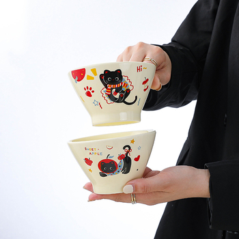 Vas ceramic cu pisică și pălărie desen animat, rotund pentru orez și salată de fructe, compatibil cu cuptorul cu microunde