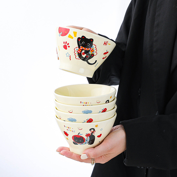 Vas ceramic cu pisică și pălărie desen animat, rotund pentru orez și salată de fructe, compatibil cu cuptorul cu microunde