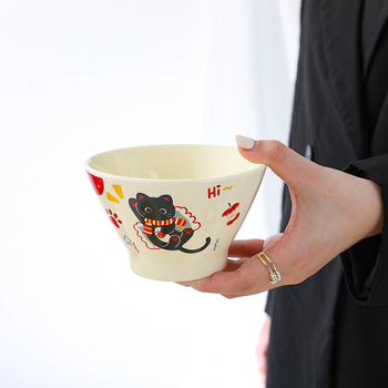 Vas ceramic cu pisică și pălărie desen animat, rotund pentru orez și salată de fructe, compatibil cu cuptorul cu microunde