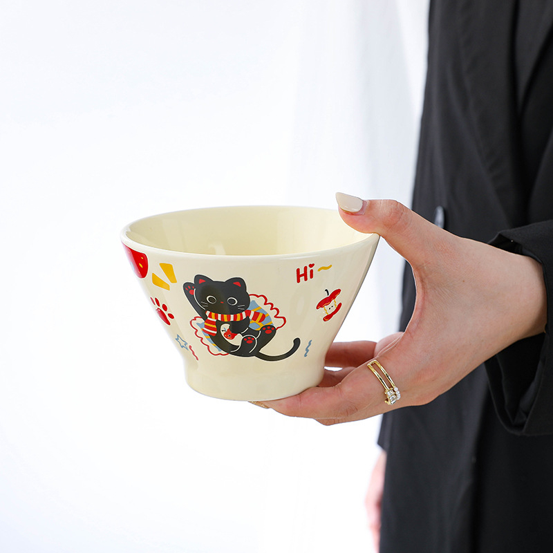 Vas ceramic cu pisică și pălărie desen animat, rotund pentru orez și salată de fructe, compatibil cu cuptorul cu microunde