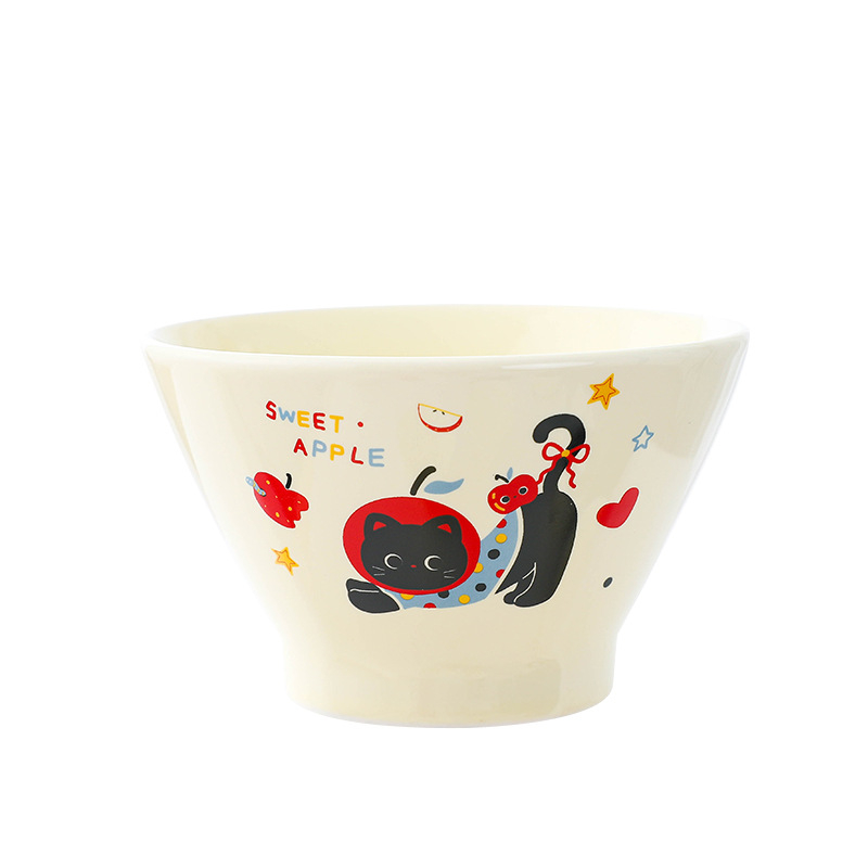 Vas ceramic cu pisică și pălărie desen animat, rotund pentru orez și salată de fructe, compatibil cu cuptorul cu microunde