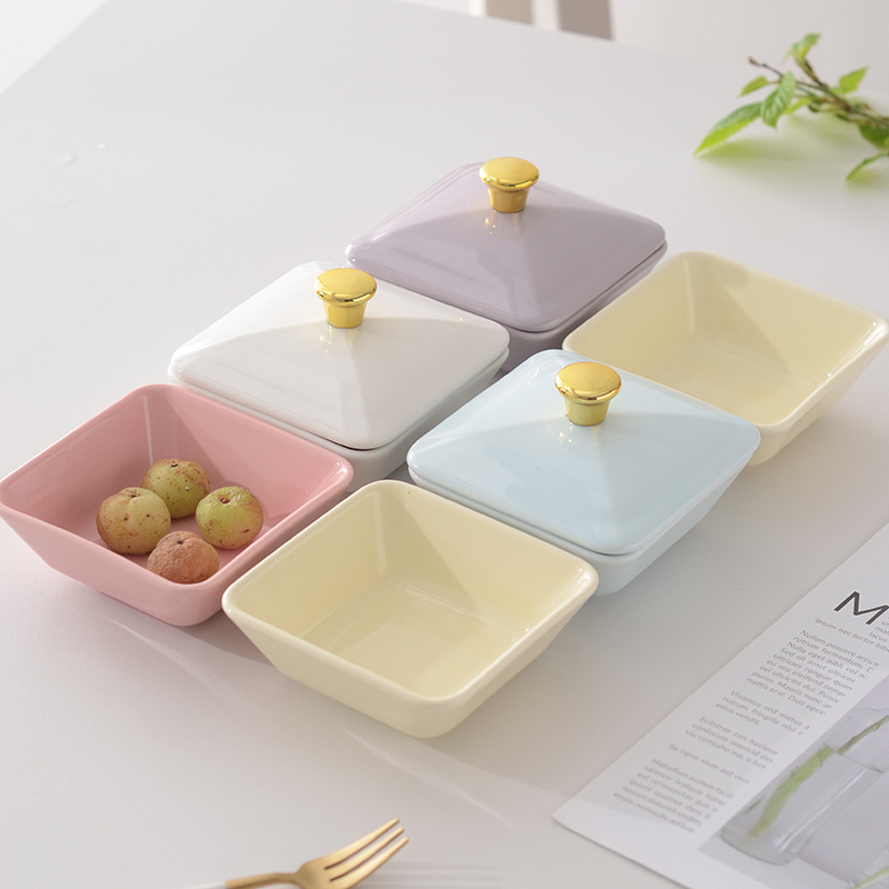 Fedeles négyszögletes porcelán snack tál, macaron színekben, mártások és forró pot ízesítők számára