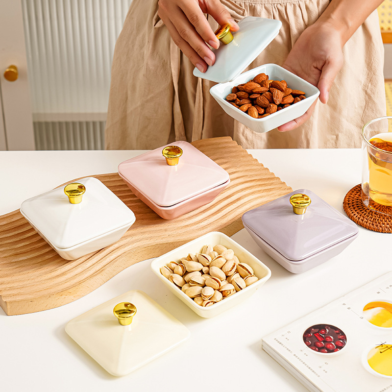 Fedeles négyszögletes porcelán snack tál, macaron színekben, mártások és forró pot ízesítők számára