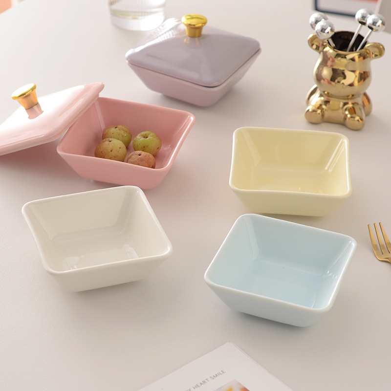 Fedeles négyszögletes porcelán snack tál, macaron színekben, mártások és forró pot ízesítők számára