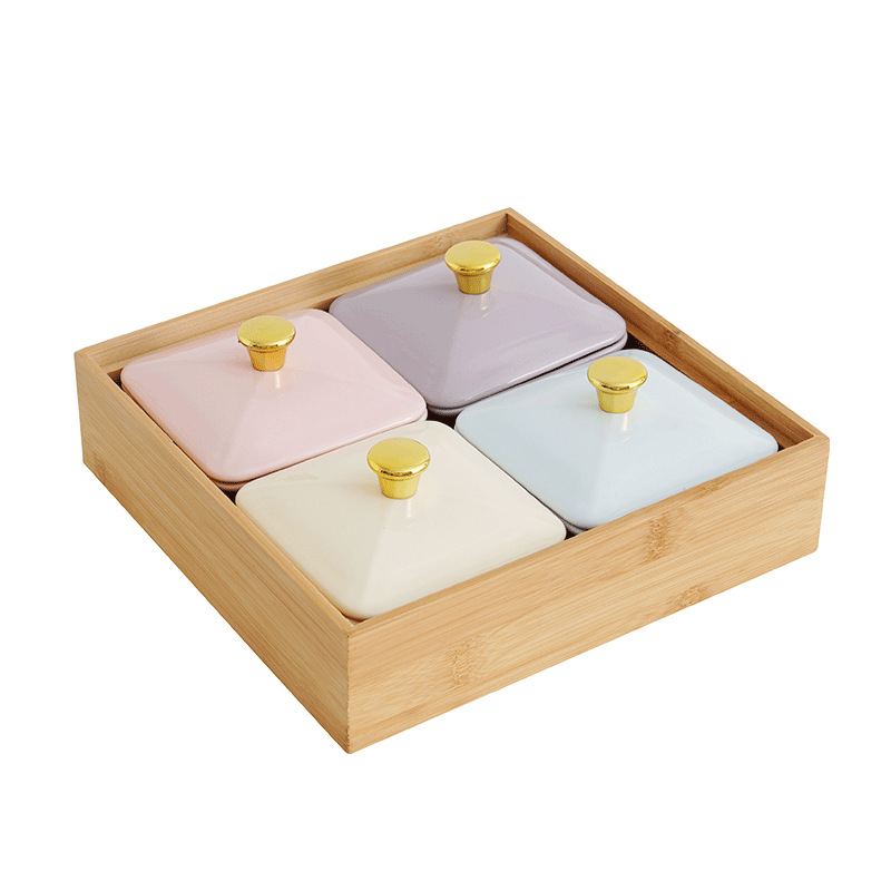 Fedeles négyszögletes porcelán snack tál, macaron színekben, mártások és forró pot ízesítők számára