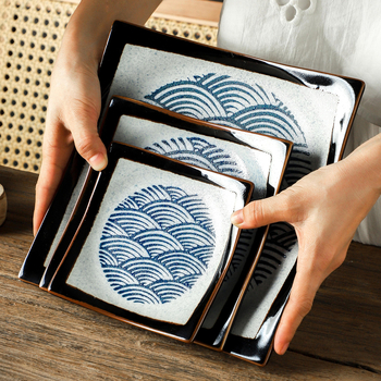 Farfurie japoneză cu model în valuri, pătrată din ceramică pentru sushi și sashimi, pentru uz în restaurante