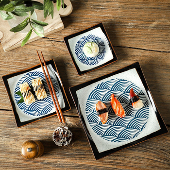 Farfurie japoneză cu model în valuri, pătrată din ceramică pentru sushi și sashimi, pentru uz în restaurante