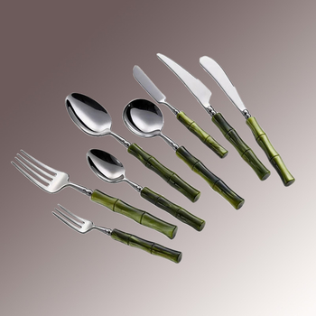 304 oțel inoxidabil, inspirat de design italian, set retro de lux ușor cu mânere din bambus perlat și jade artificial, set cuțit, lingură și furculiță pentru bucătăria occidentală