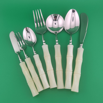 304 oțel inoxidabil, inspirat de design italian, set retro de lux ușor cu mânere din bambus perlat și jade artificial, set cuțit, lingură și furculiță pentru bucătăria occidentală