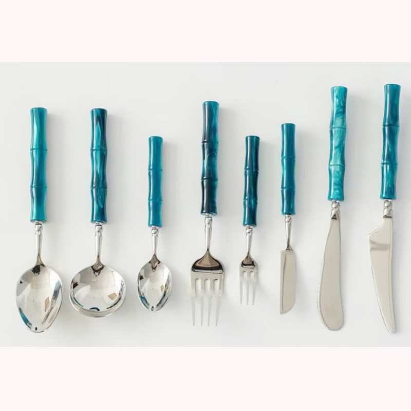 304 oțel inoxidabil, inspirat de design italian, set retro de lux ușor cu mânere din bambus perlat și jade artificial, set cuțit, lingură și furculiță pentru bucătăria occidentală