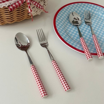 Set tacâmuri din oțel inoxidabil 316, cuțit, furculiță și lingură, mâner în stil francez și model pătrat, pentru ceaiul de după-amiază, design drăguț