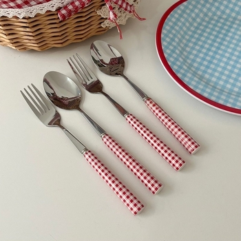 Set tacâmuri din oțel inoxidabil 316, cuțit, furculiță și lingură, mâner în stil francez și model pătrat, pentru ceaiul de după-amiază, design drăguț
