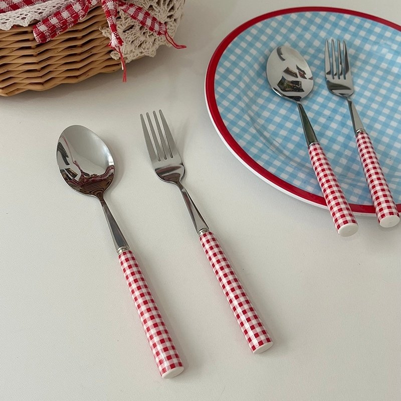 Set tacâmuri din oțel inoxidabil 316, cuțit, furculiță și lingură, mâner în stil francez și model pătrat, pentru ceaiul de după-amiază, design drăguț