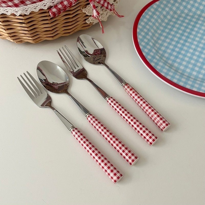 Set tacâmuri din oțel inoxidabil 316, cuțit, furculiță și lingură, mâner în stil francez și model pătrat, pentru ceaiul de după-amiază, design drăguț