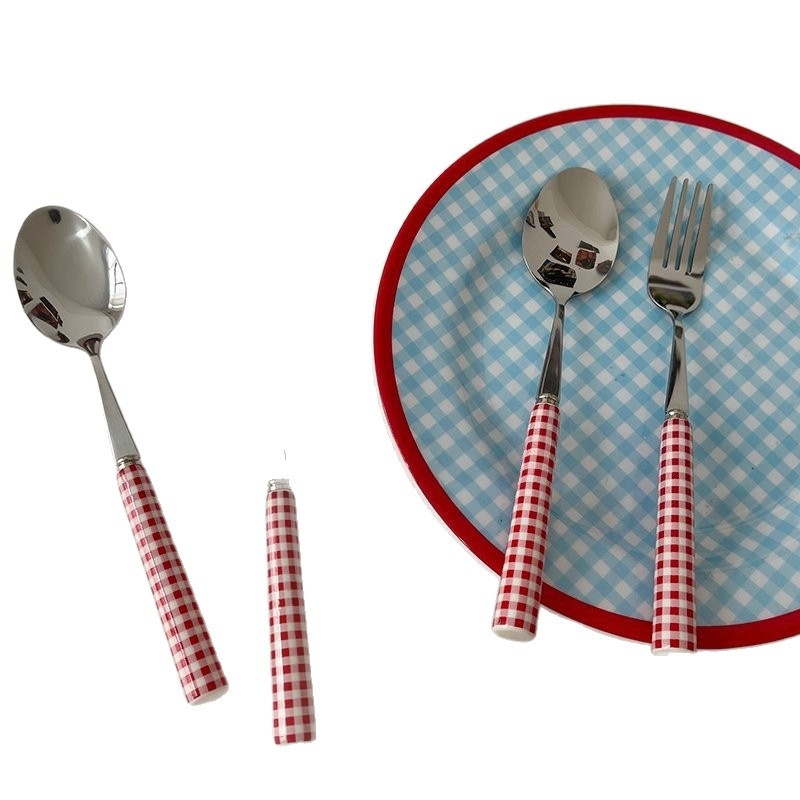 Set tacâmuri din oțel inoxidabil 316, cuțit, furculiță și lingură, mâner în stil francez și model pătrat, pentru ceaiul de după-amiază, design drăguț