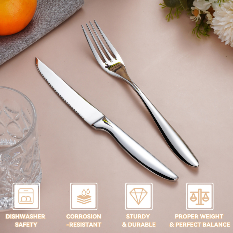 Set tacâmuri din oțel inoxidabil, lustruit oglindit, cuțit și furculiță pentru steak, destinat hotelurilor și restaurantelor occidentale