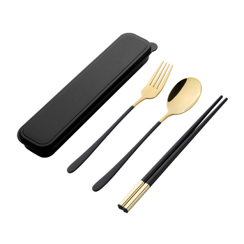 Set din oțel inoxidabil, trei piese: bețișoare, lingură și furculiță, cutie de depozitare portabilă, multicolor